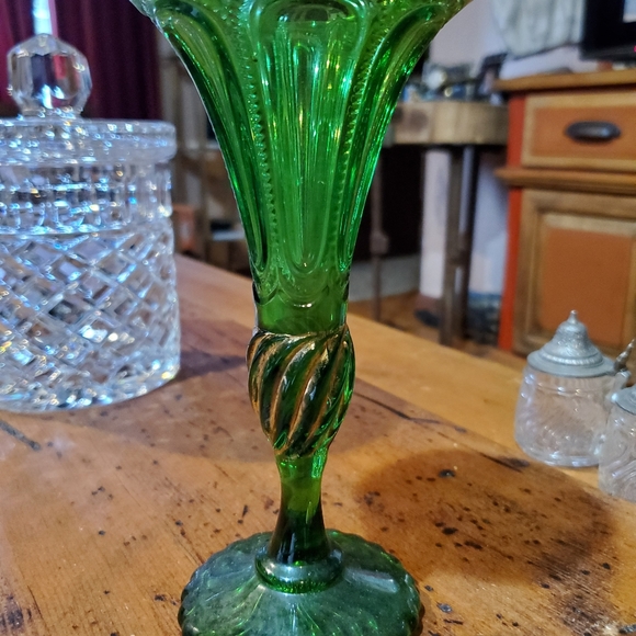 Antique EAPG Green Glass Bud Vase Gold Trim Zipper Bubbles OLD - Picture 9 of 9